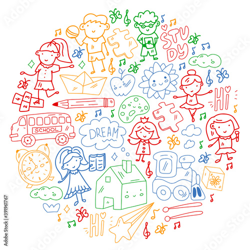 Vector pattern. School and online education. Little boys and girls play and grow together.