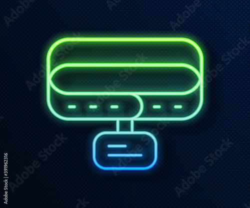 Glowing neon line Collar with name tag icon isolated on blue background. Simple supplies for domestic animal. Cat and dog care. Pet chains. Vector.