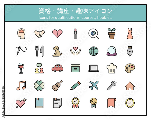 色々な資格のアイコンのセット／ビジネススキル／講座／教室／趣味／勉強／事務／介護・福祉／美容／学習
