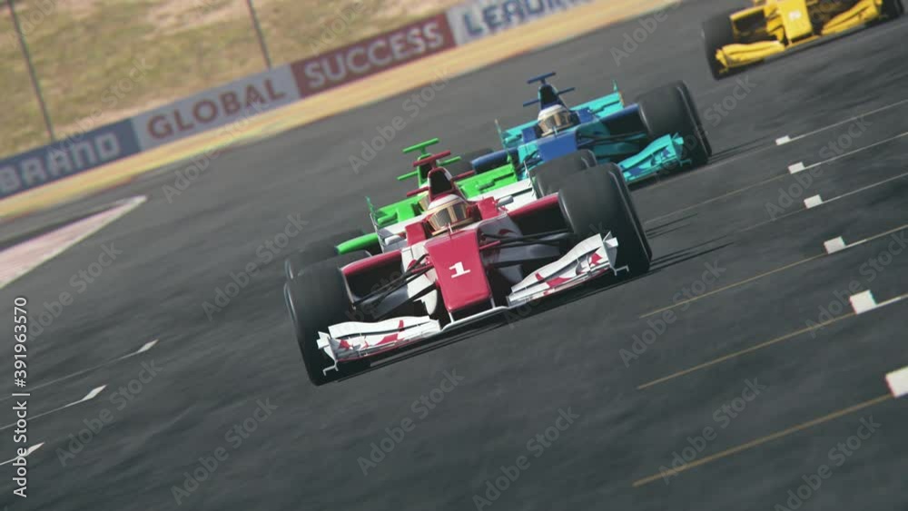 Generic formula one race cars racing along the homestretch over the finish line - dynamic front view camera – multiple cars – realistic high quality 3d animation