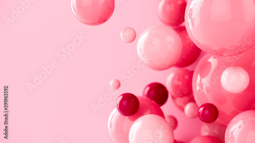 Pastel pink bubbles. Abstract background with 3d spheres. Colorful design concept. 3D illustration of balls.Banner or flyer background. Decoration elements for design
