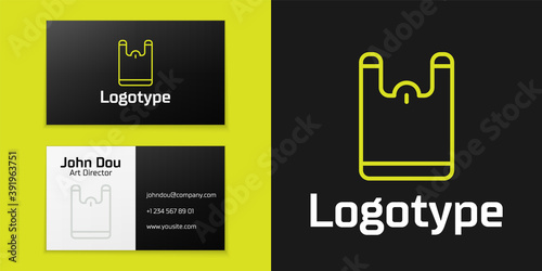 Logotype line Plastic bag icon isolated on black background. Disposable cellophane and polythene package prohibition sign. Logo design template element. Vector.