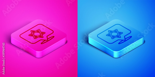Isometric line Star of David icon isolated on pink and blue background. Jewish religion symbol. Symbol of Israel. Square button. Vector.