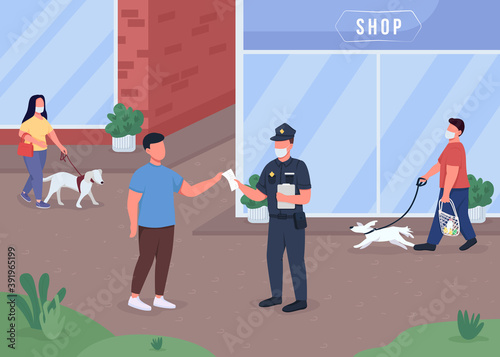 Penalty for not wearing mask flat color vector illustration. Quarantine regulation. Public safety during pandemic. Police officer with civilian man 2D cartoon characters with cityscape on background