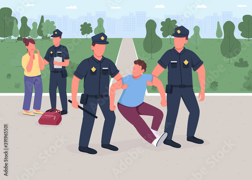 Robber arrest flat color vector illustration. Policeman caught burglar. Woman victim. Legal protection. Civilian safety. Police officers 2D cartoon characters with cityscape on background