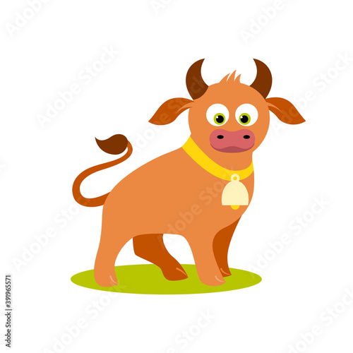 Isolated cartoon standing brown bull on white background. Colorful frendly bull. Animal funny personage. Flat design.
