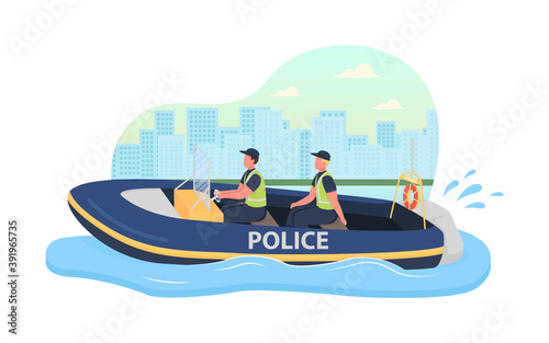 Police boat patrol 2D vector web banner, poster. Law enforcement. Marine officers flat characters on cartoon background. Special service vehicle printable patch, colorful web element