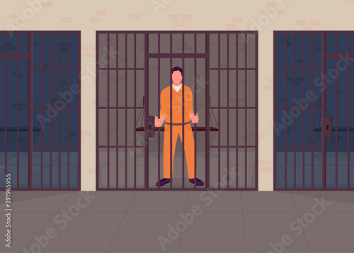 Criminal in prison flat color vector illustration. Arrested convict behind bars. Justice punishment for crime. Suspect detention. Guilty prisoner 2D cartoon character with jail cell on background