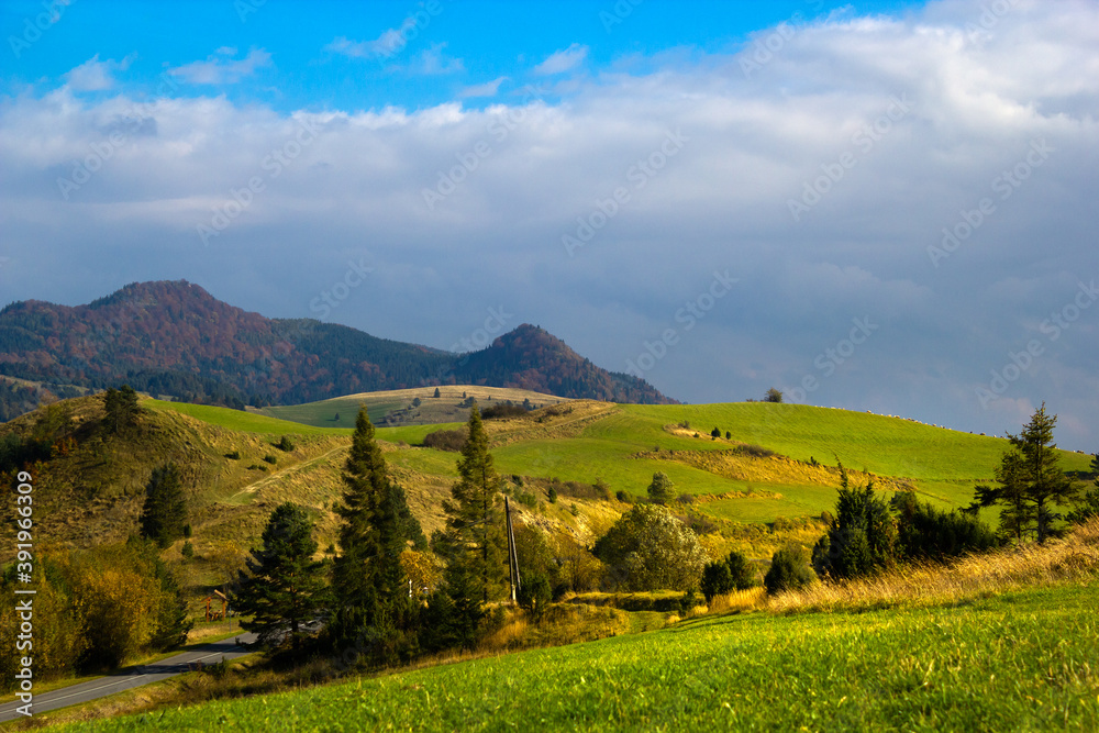 Lesnicke Pass at Vysoka mount background. Pieniny Mountains in autumn, Slovakia.