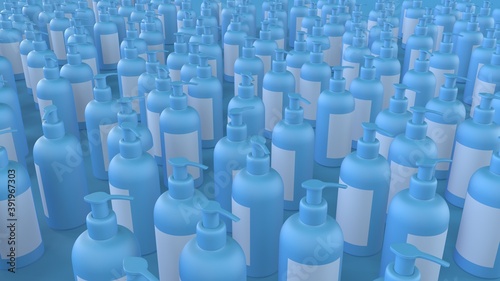3d render a lot of disinfectant bottles on a blue background