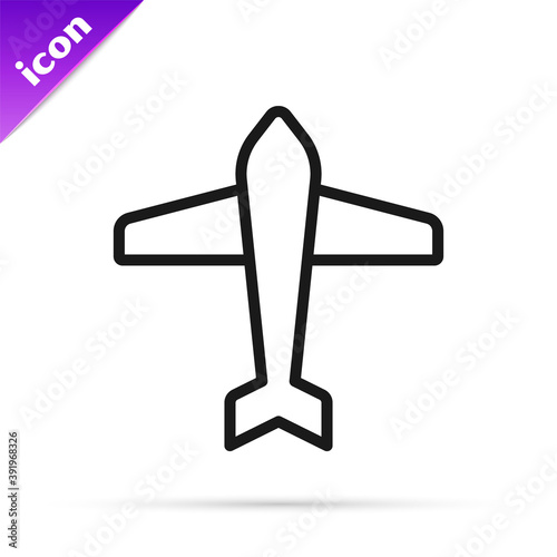 Black line Jet fighter icon isolated on white background. Military aircraft. Vector.