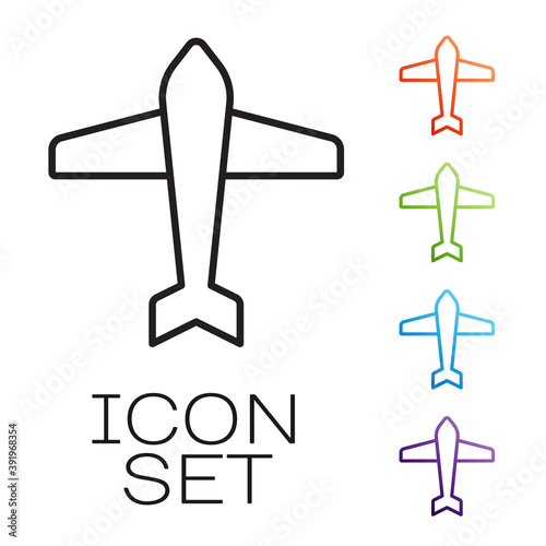 Black line Jet fighter icon isolated on white background. Military aircraft. Set icons colorful. Vector.