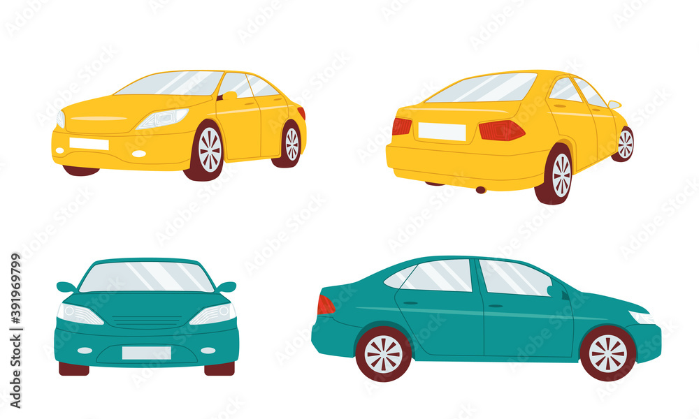 A set of cars in different angles. Vector sedan illustration isolated on white background