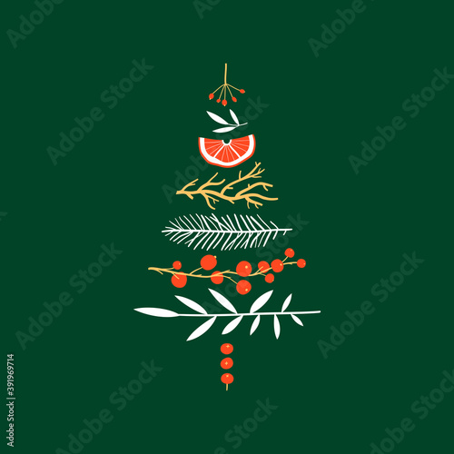 Christmas Tree Shape Card. Set of Christmas hand drawn branches and berries. Vector illustration