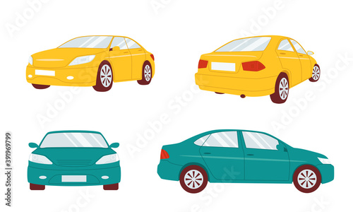 A set of cars in different angles. Vector sedan illustration isolated on white background