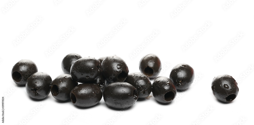 Black olives pile isolated on white background
