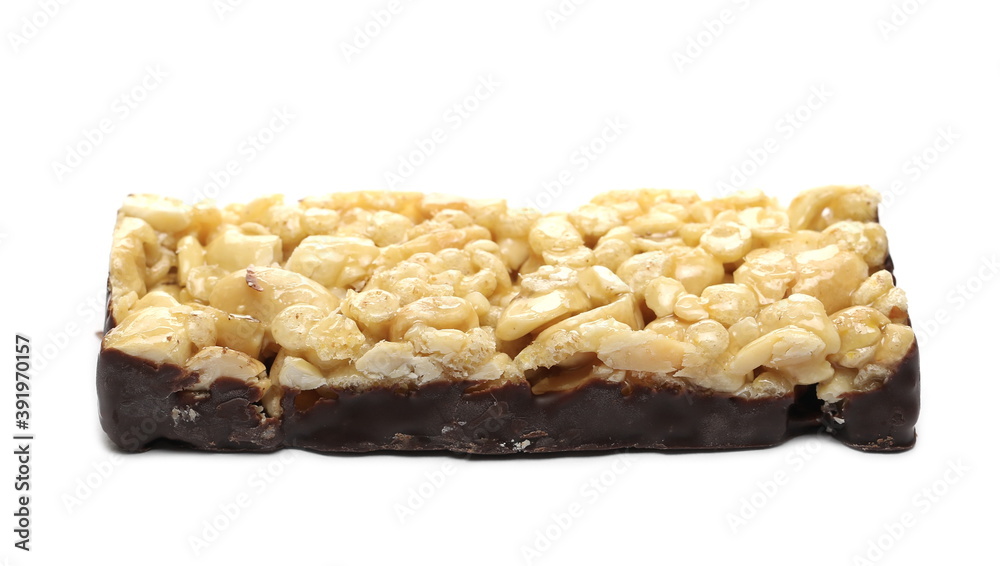 Granola chocolate protein bar with peanuts, isolated on white background Granola chocolate protein bar with peanuts, isolated on white background