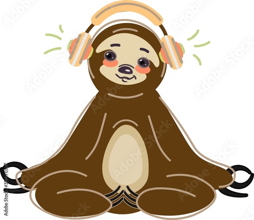 Cute happy cartoon sloth on headphones sitting in yoga pose. Vector isolated illustration on white background.