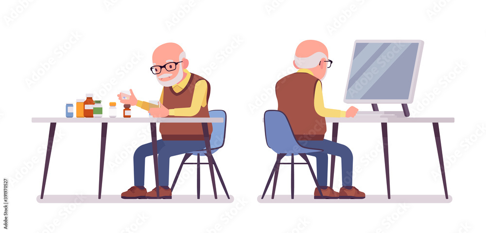Old man, elderly person sorting medicines, pill bottles, pc working. Senior citizen, retired grandfather in glasses, old pensioner. Vector flat style cartoon illustration isolated on white background
