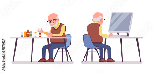 Old man, elderly person sorting medicines, pill bottles, pc working. Senior citizen, retired grandfather in glasses, old pensioner. Vector flat style cartoon illustration isolated on white background © andrew_rybalko