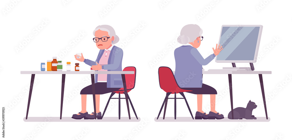 Old woman, elderly person sorting medicines, pill bottles, pc working. Senior citizen, retired grandmother in glasses, old pensioner. Vector flat style cartoon illustration isolated, white background
