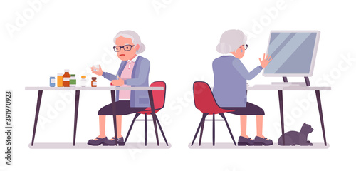 Old woman, elderly person sorting medicines, pill bottles, pc working. Senior citizen, retired grandmother in glasses, old pensioner. Vector flat style cartoon illustration isolated, white background