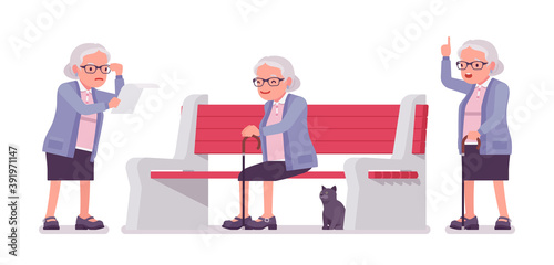 Old man, elderly person sitting on bench, reading paper. Senior citizen, retired grandmother wearing glasses, old age pensioner. Vector flat style cartoon illustration isolated on white background
