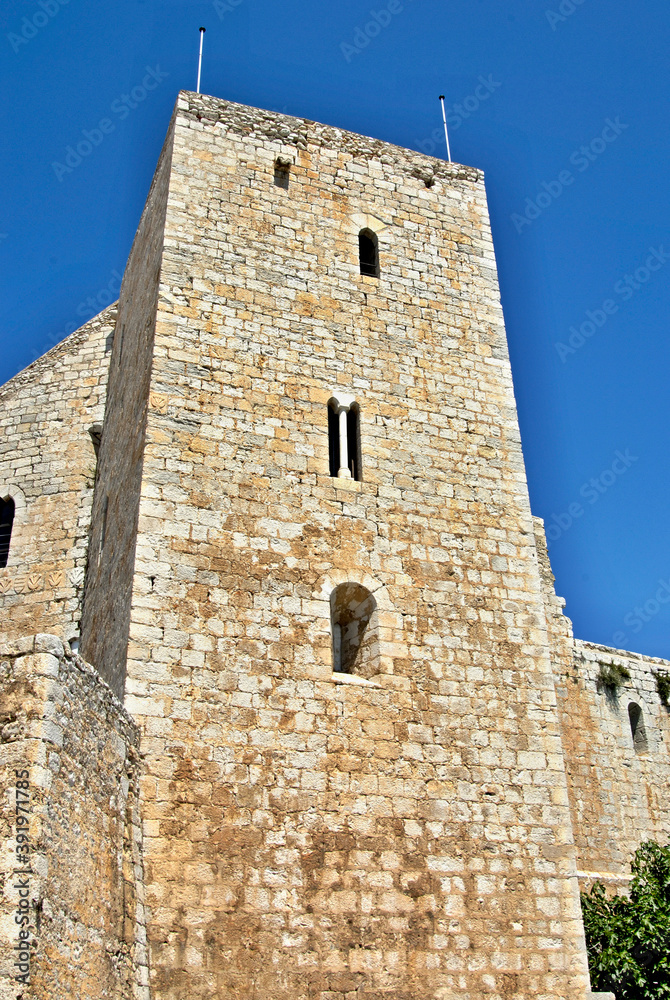 Wall and tower details of the castle in Peniscola, Castellon - Spain