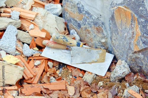 Concrete, waste, trash, plates on the construction site.