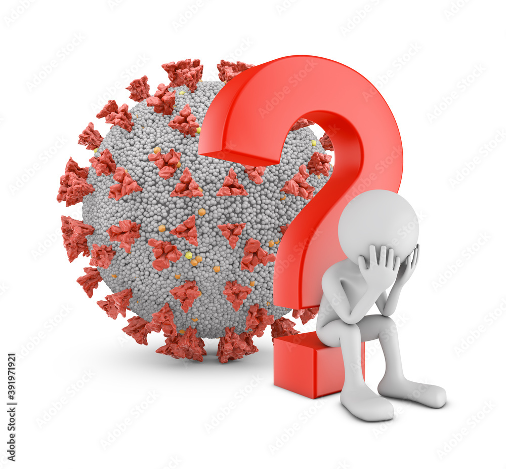 Man Sitting Under A Question Mark Next To The Coronavirus 3d Render Stock イラスト Adobe Stock