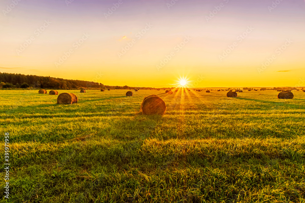 Scenic view at picturesque burning sunset in a green shiny field with hay stacks, bright cloudy sky , golden sun rays and road leading far away, summer valley landscape