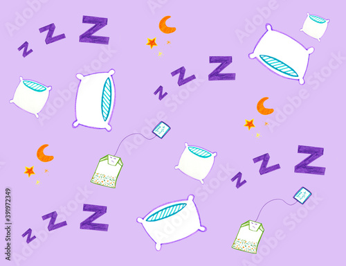 Felt style dodo time to sleep with moon, star, pillow, zzz icons and tea bag
 photo