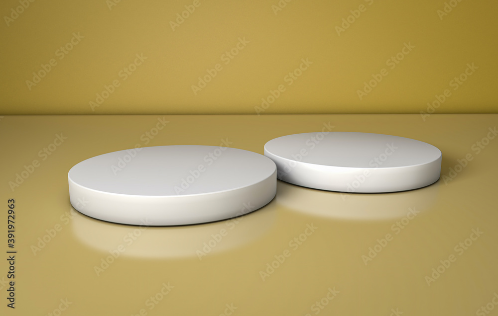 3D Illustration of two round pedestals with one in foreground and the other in the background on a golden surface. Ideal for showcasing products 3D Illustration of two round pedestals with one in foreground and the other in the background on a golden surface. Ideal for showcasing products