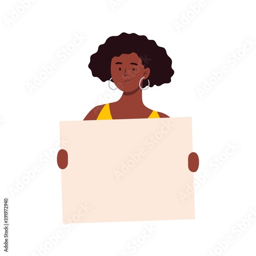An African-American woman holding a blank poster. Cartoon character showing a blank banner. Vector flat illustration. 