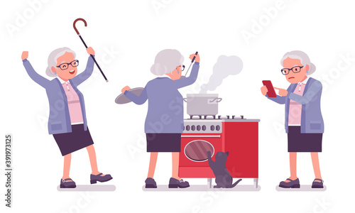 Old woman, elderly person cooking food, using mobile phone. Senior citizen, retired grandmother wearing glasses, old age pensioner. Vector flat style cartoon illustration isolated on white background