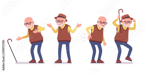Old man, elderly person with cane having heart, back ache. Senior citizen, retired grandfather in glasses, old age pensioner, grandpa. Vector flat style cartoon illustration isolated, white background