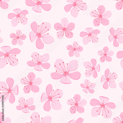 Seamless pattern with pink cherry blossoms on pale pink background vector illustration. Japanese Sakura flower.