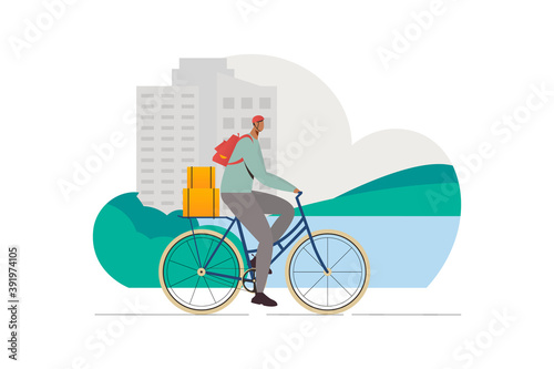Food Delivery with Bicycle Flat Vector Illustration. Online delivery service concept, online order tracking, delivery home and office.