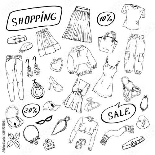 Hand drawn set of fashionable clothes shoes and accessories. Set of doodles of clothes, bags and shoes. Fashion sketches. Jewelry collection. Casual style. Fashion doodles. Clothes sketches.