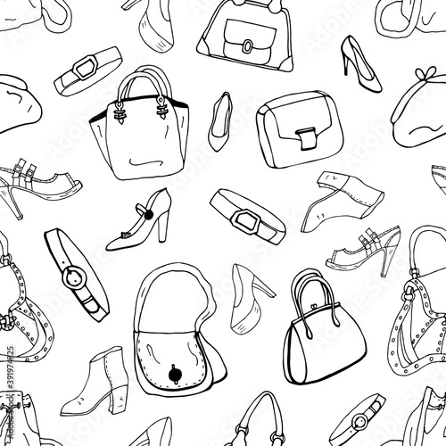 Seamless pattern from hand drawn fashionable shoes, bags and accessories.  Set of doodles of clothes, bags and shoes. Fashion sketches. Jewelry collection. Casual style. Fashion doodles. Clothes sketc