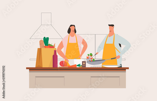 Husband and Wife Cooking Together Flat Vector Illustration. Happy Family Preparation Food at Kitchen.