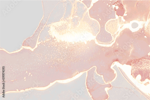 Rose, coral, and gold stone marble texture. Alcohol ink technique abstract vector background. Modern paint with glitter. Template for banner, poster design. Fluid art painting