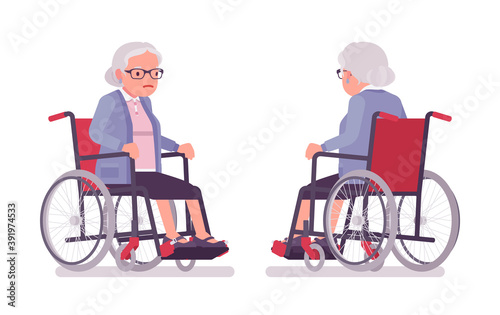 Old woman, elderly person sitting in a wheelchair. Senior citizen, retired grandmother wearing glasses, old age pensioner, grandma. Vector flat style cartoon illustration isolated on white background