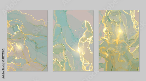 Mint, grey, gold marble abstract backgrounds. Set of alcohol ink technique vector stone textures. Modern paint in natural colors with glitter. Template for banner, poster design. Fluid art painting