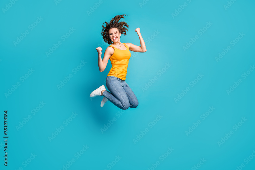 Full body photo of crazy lady jump high up air best win success wear casual outfit isolated blue color background