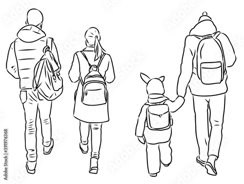 Contour drawings of casual pedestrians walking along street