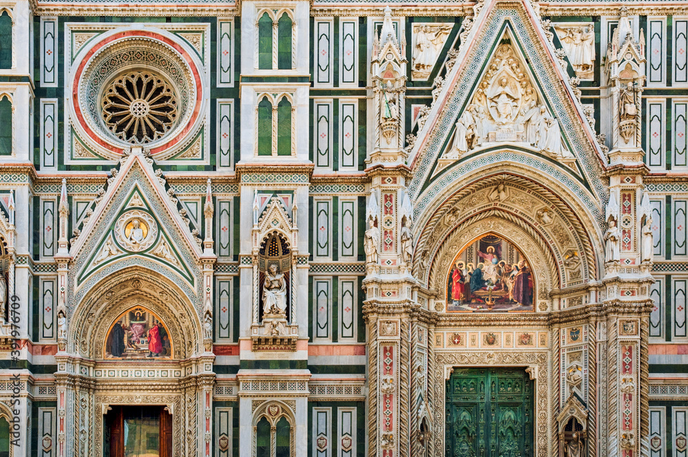 Partial view of one of the facades of the Gothic Renaissance cathedral basilica of Santa Maria del Fiore in the Italian city of Florence.