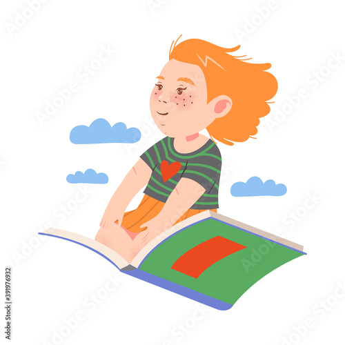 Cute Red Haired Girl Sitting on Open Book and Flying Vector Illustration