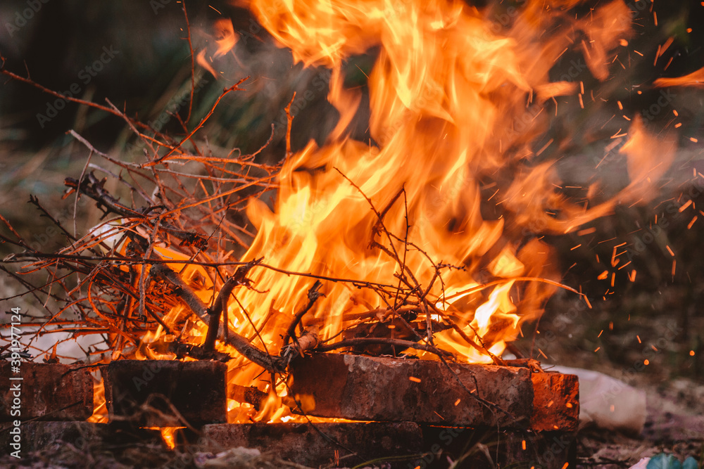 Flame of fire in the fire. The concept of outdoor recreation in hiking trips Flame of fire in the fire. The concept of outdoor recreation in hiking trips