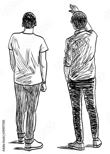 Sketch of two young men standing and talking outdoors